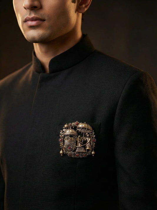 Royal Indian Wedding Scene Brooch | Bride, Groom & Chariot Motif Jaipur Button Store