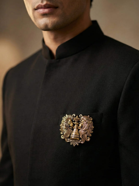 Royal Twin Lion & Crowned Pillar Brooch | Antique Gold Sherwani Pin Jaipur Button Store