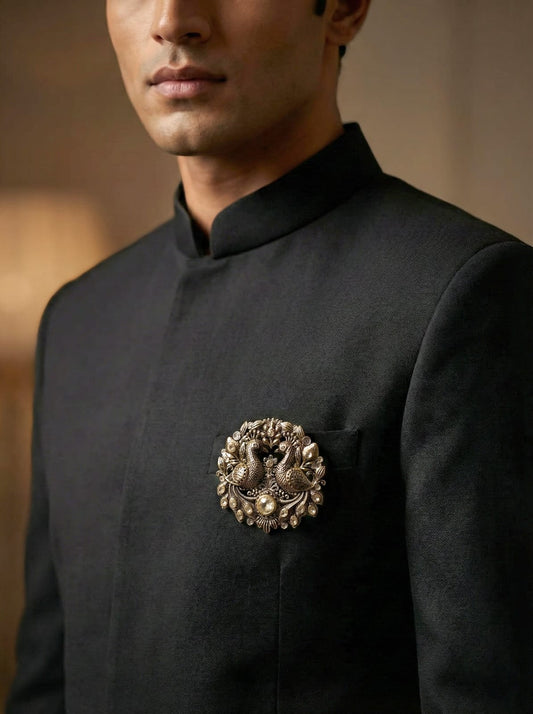 Royal Twin Peacock 'Love Birds' Brooch | Crystal & Antique Gold Jaipur Button Store