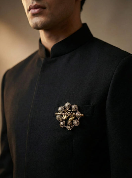 Divine Krishna 'Bansuri' Flute Brooch | Antique Gold & Crystal Pin Jaipur Button Store